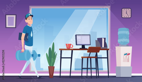 Water delivery transport. Plastic bottles with water delivery service exact vector background in cartoon style