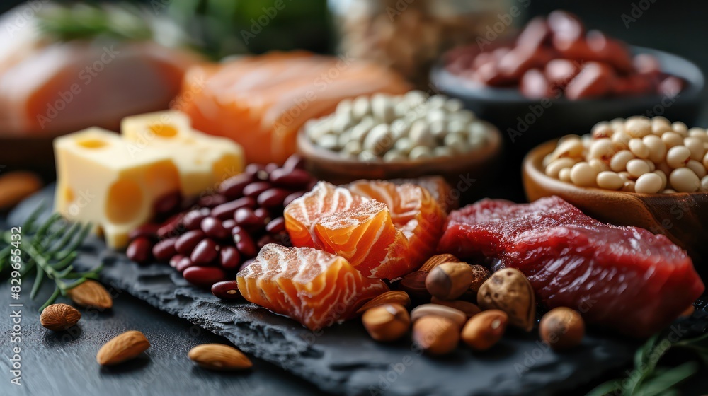 Close-up of various protein-rich foods Including meat, beans, and nuts. Close-up of various protein-rich foods Including meat, beans, and nuts.