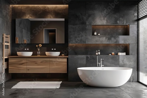 Contemporary Wooden Panel Bathroom with White Sink and Bathtub