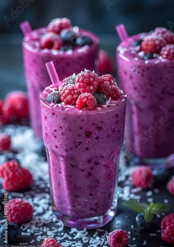 Coconut Berry Smoothie - Purple with coconut shavings and berries. 