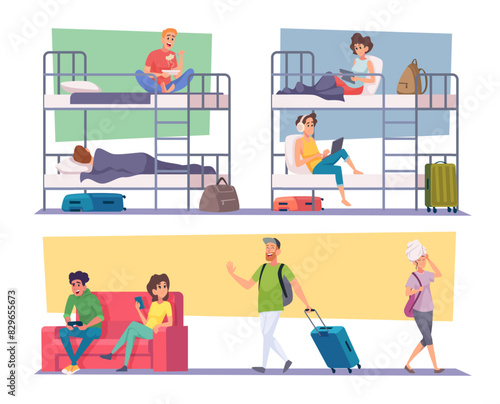 Hostel people. Travelers lifestyle sleeping relax eating in hostel open space rooms exact vector cartoon illustration