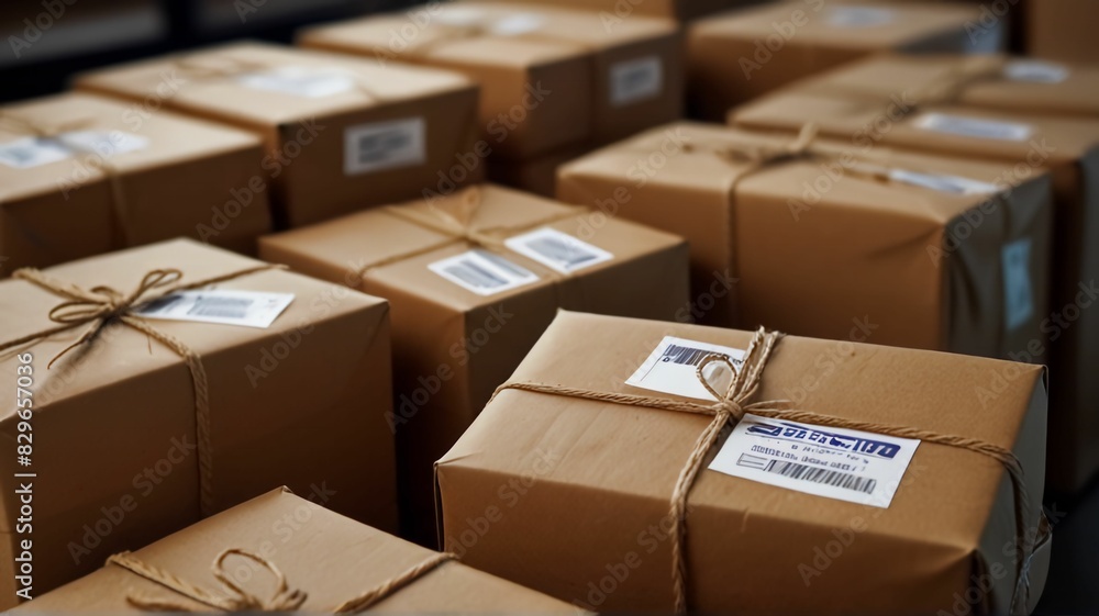 Fototapeta premium Lots of postal packages wrapped and prepared for delivery.