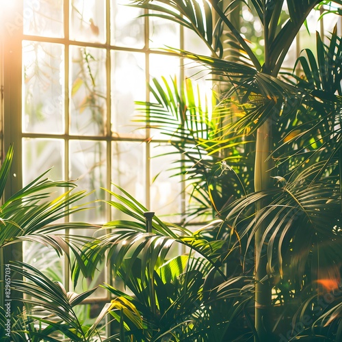 Sunlight shining through the glass window of the greenhouse