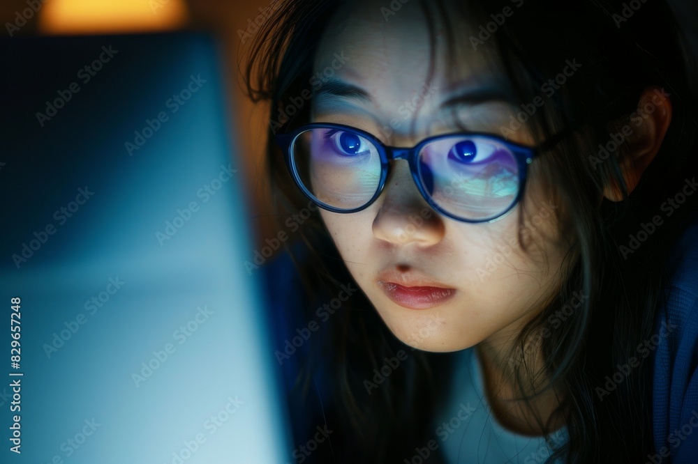 Focused Girl with Glasses Using Laptop Focused Girl with Glasses Using Laptop