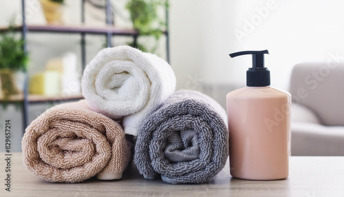 Clean soft rolled towels on white table. Wellness or body care, skincare. Spa and relax salon