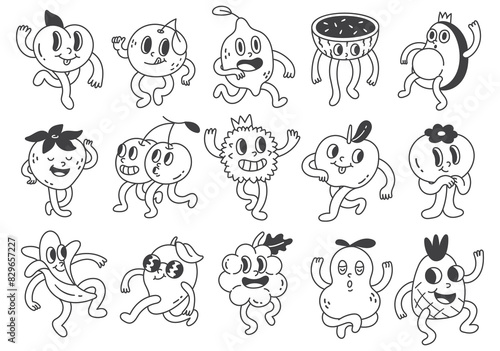 Vintage Cartoon Fruit Characters Collection, Healthy Food Concept, Playful Doodles