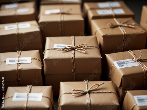 Lots of postal packages wrapped and prepared for delivery.