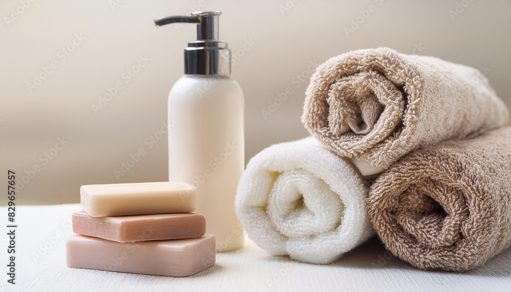 Clean soft rolled towels on white table. Wellness or body care, skincare. Spa and relax salon Clean soft rolled towels on white table. Wellness or body care, skincare. Spa and relax salon