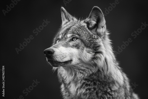 Digital artwork of black, white picture of a grey wolf with a dark background