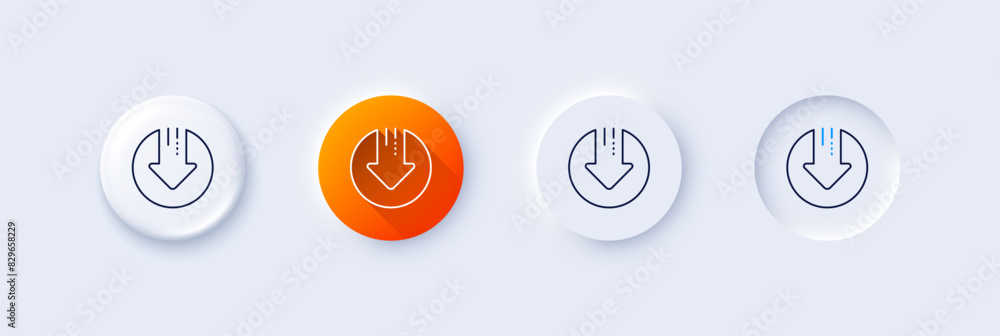 Download line icon. Neumorphic, Orange gradient, 3d pin buttons. Down arrow sign. Discount symbol. Line icons. Neumorphic buttons with outline signs. Vector Download line icon. Neumorphic, Orange gradient, 3d pin buttons. Down arrow sign. Discount symbol. Line icons. Neumorphic buttons with outline signs. Vector