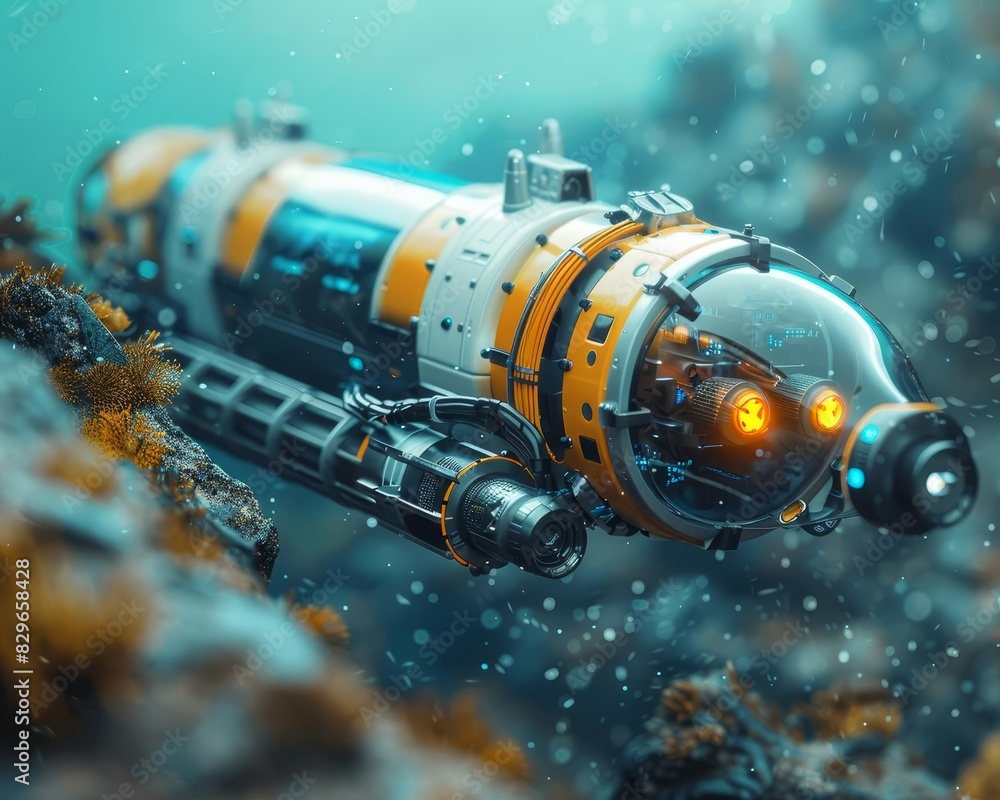 Closeup view of a robotic submersible assisting in the precise installation of a submarine internet cable on the ocean floor Closeup view of a robotic submersible assisting in the precise installation of a submarine internet cable on the ocean floor