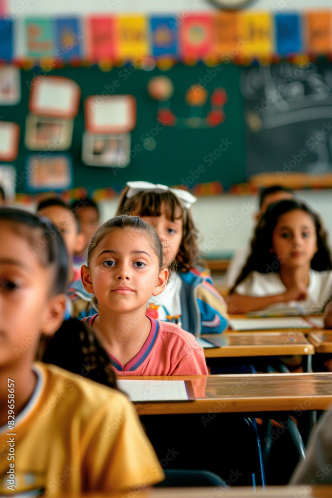 A group of students in a cheerful classroom on the first day of school. A group of students in a cheerful classroom on the first day of school.