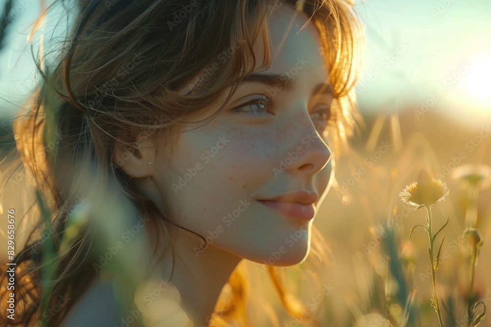 Naklejka premium A serene scene depicting a woman amidst a field with golden hour sunlight and blurred face