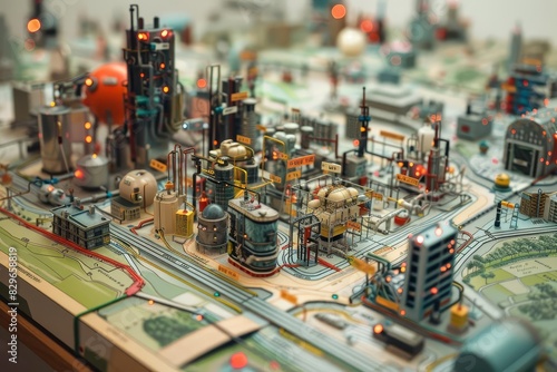 A close up of a miniature model city made of plastic and metal