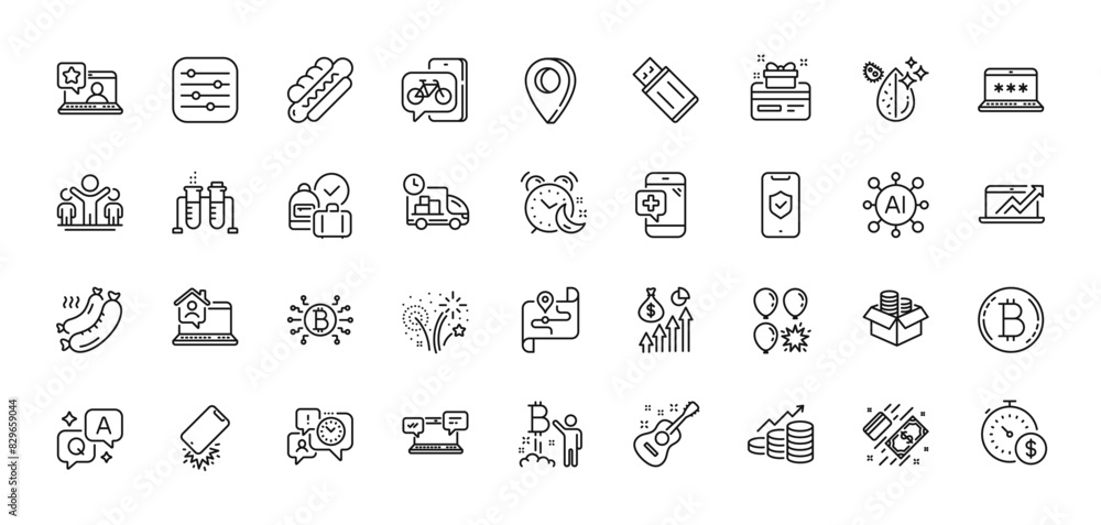 Alarm, Fireworks and Medical phone line icons pack. AI, Question and Answer, Map pin icons. Map, Delivery, Salary web icon. Bitcoin project, Bitcoin system, Online rating pictogram. Vector