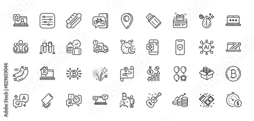 Alarm, Fireworks and Medical phone line icons pack. AI, Question and Answer, Map pin icons. Map, Delivery, Salary web icon. Bitcoin project, Bitcoin system, Online rating pictogram. Vector