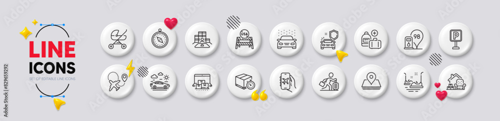 Delivery timer, Car wash and Car travel line icons. White buttons 3d icons. Pack of Online storage, Inventory, Parking icon. Bumper cars, Petrol station, Usa close borders pictogram. Vector Delivery timer, Car wash and Car travel line icons. White buttons 3d icons. Pack of Online storage, Inventory, Parking icon. Bumper cars, Petrol station, Usa close borders pictogram. Vector