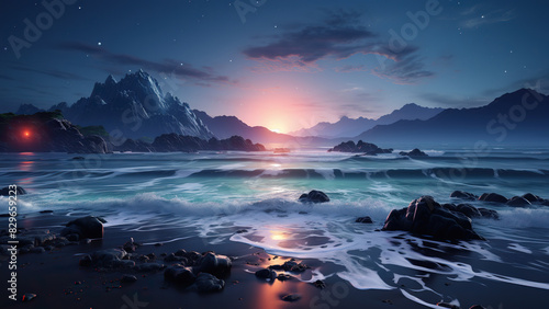 Serene Moonlit Mountain Landscape with Tranquil Ocean Waves 