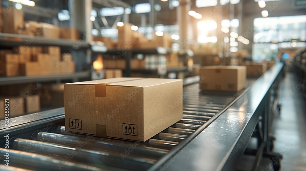 Cardboard boxes move along a conveyor belt in a warehouse. Cardboard boxes move along a conveyor belt in a warehouse.