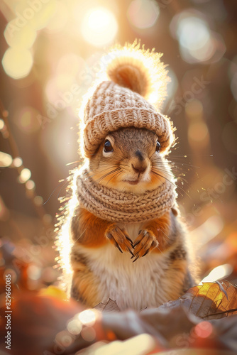Cute funny squirrel wearing knitted hat and scarf on cold autumn day in a forest.