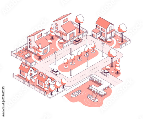 Country cottage village - vector isometric illustration. Holiday houses are located around the perimeter of the square, outdoor recreation, a pier with boats, nature, planted trees, glamping idea
