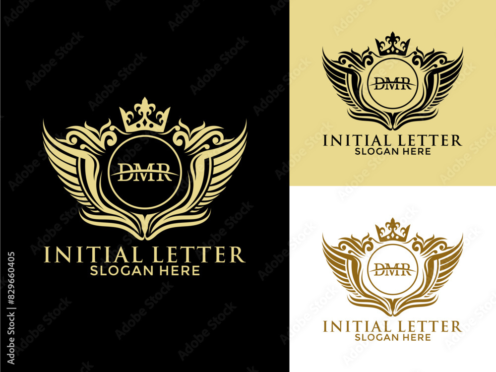 Obraz premium Luxury royal wing Letter DMR Logo vector, Luxury wing crown emblem alphabets logo design template