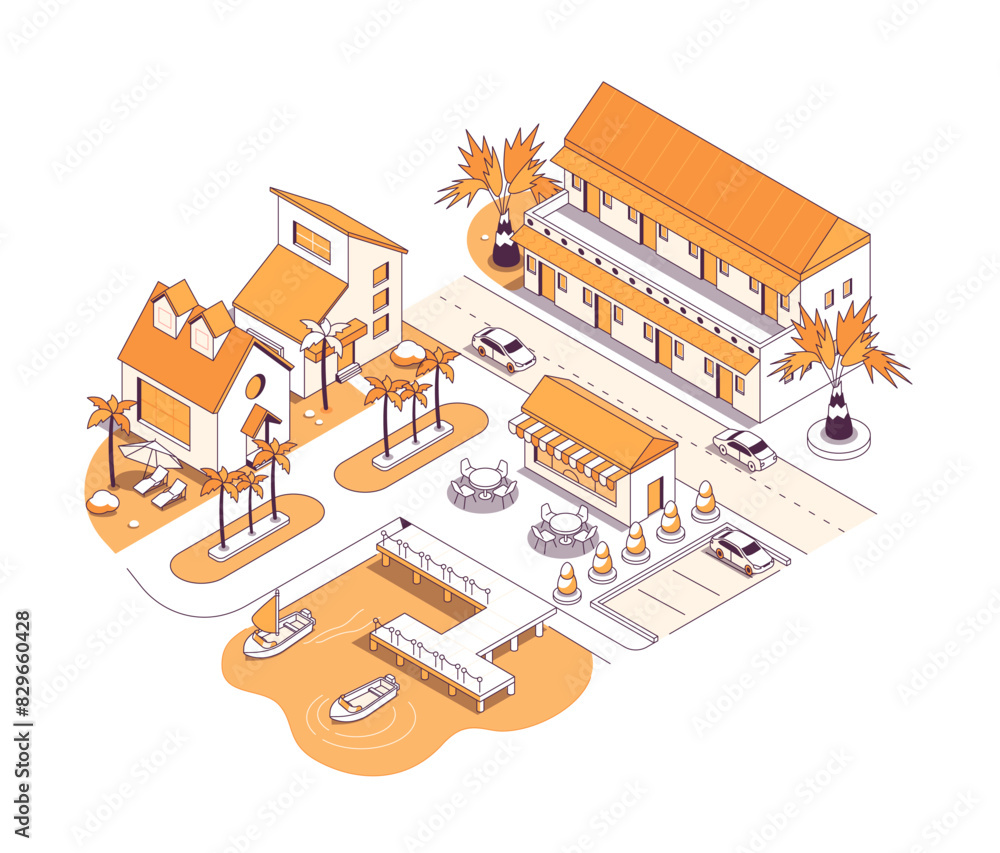 Obraz premium Resort street with hotels - vector isometric illustration. Summer holiday by the water with good accommodation. Cafe, parking places, village, pier with boats, highway, car, palm trees and fun idea