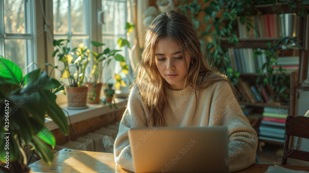 Young Woman Working on Laptop in Cozy Home Office with Indoor Plants and Natural Light Young Woman Working on Laptop in Cozy Home Office with Indoor Plants and Natural Light