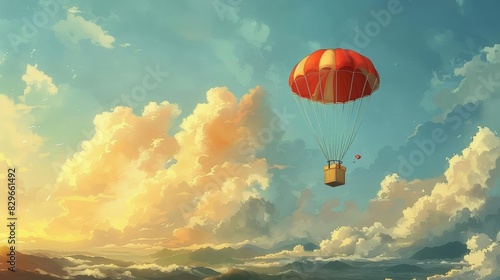 Visualization of a gift box floating down from the sky by a parachute  surrounded by soft clouds  styled in flat minimal 3D render against a gentle background