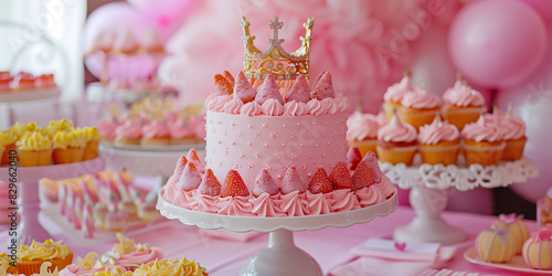Princess themed birthday party dessert table. Pink colored birthday cake  cupcakes and sweets decorated with princess tiaras.