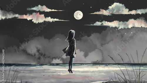 Silhouette of a young lady standing alone and staring at the full moon, standing on the empty beach at midnight, wind gently blows her hair, watercolor art like minimalist style photo