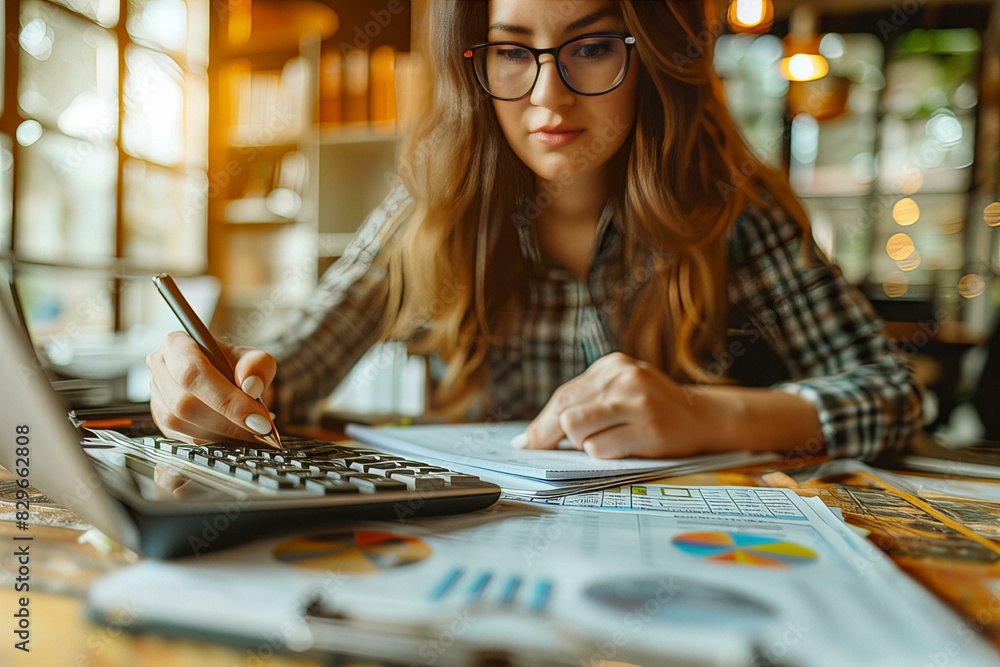 Fototapeta premium Woman working with calculator and laptop at table