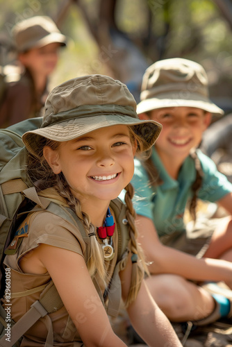 Girl and boy scouts sitting on the ground in summer camp. Young girlscout and boyscout in adventure gear including shorts, hiking boots and hat. Active leisure for kids in summer.
