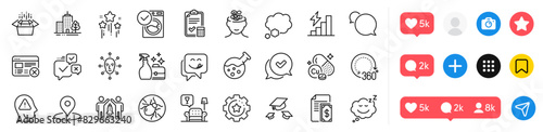 Washing machine, Pin and Bed bugs line icons pack. Social media icons. Anxiety, Face biometrics, Talk bubble web icon. Chemistry lab, Settings gear, Packing boxes pictogram. Vector