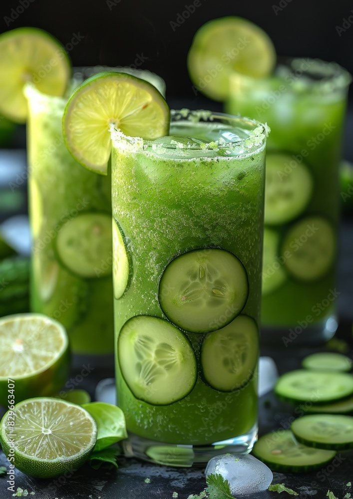 Cucumber Lime Smoothie - Light green with cucumber slices and a lime wedge. Cucumber Lime Smoothie - Light green with cucumber slices and a lime wedge.