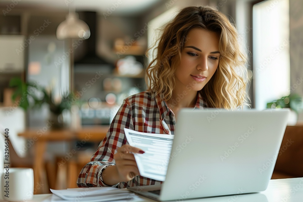 Woman working with laptop and papers at table Woman working with laptop and papers at table