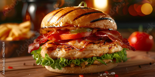 Super beef Burger with salad on the wooden board 
 photo