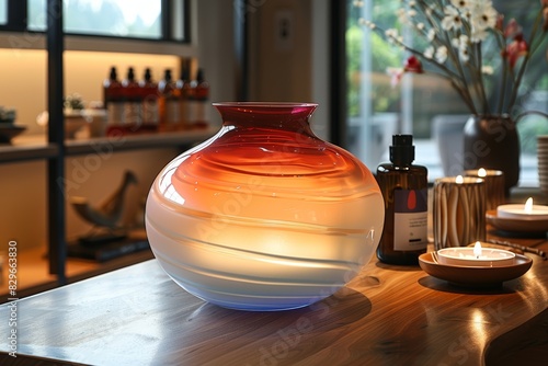 Hand blown glass vase with a unique design, perfect for displaying flowers or as a standalone decorative piece. photo