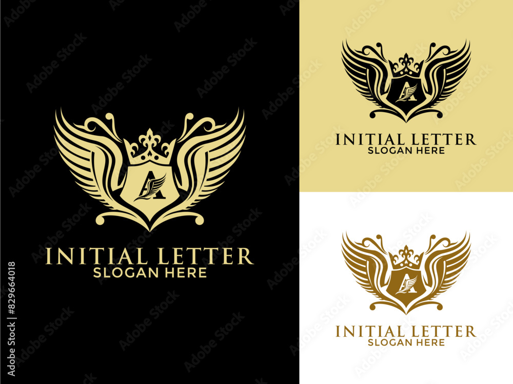 Luxury royal wing Letter A Logo vector, Luxury wing crown emblem alphabets logo design template