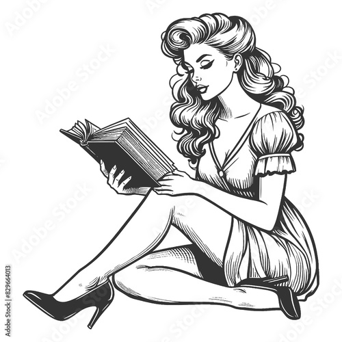 pin-up girl reading book, depicted in a classic style sketch engraving generative ai fictional character raster illustration. Scratch board imitation. Black and white image.