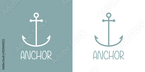 Logo nautical. Silueta con líneas de ancla de barco con palabra anchor