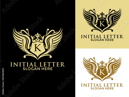 Luxury royal wing Letter K Logo vector  Luxury wing crown emblem alphabets logo design template