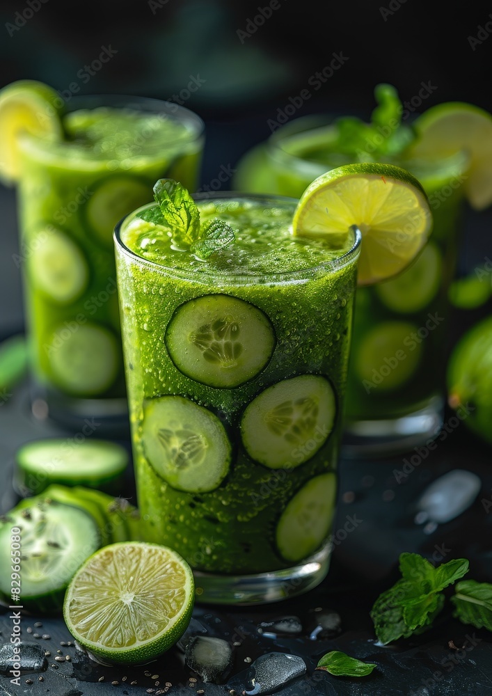Cucumber Lime Smoothie - Light green with cucumber slices and a lime wedge. Cucumber Lime Smoothie - Light green with cucumber slices and a lime wedge.