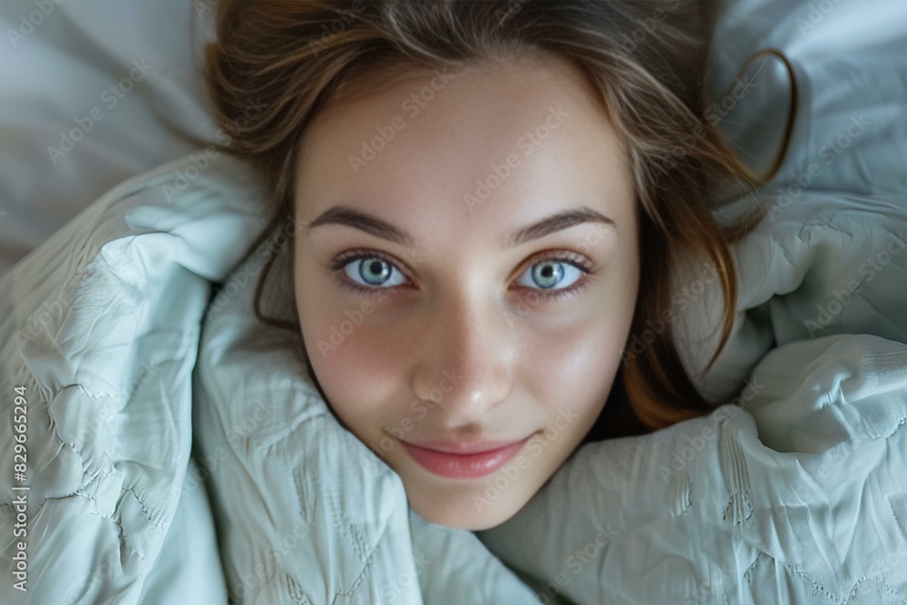 Woman laying in bed with a blanket and blue eyes Woman laying in bed with a blanket and blue eyes