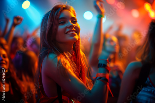 A woman is smiling and dancing at a concert
