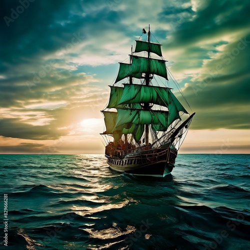 an image of a Ship surrounded by a green field in the sea
