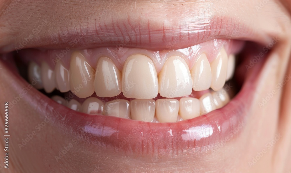 Obraz premium close up of woman's mouth with healthy teeth and pink lips