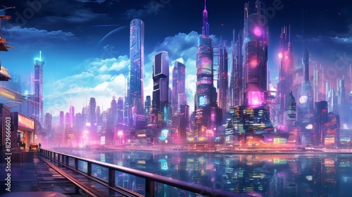 Futuristic cyberpunk cityscape at night featuring neon lights and holographic advertisements. Wide-angle lens and cool color palette evoke a sense of mystery and intrigue.