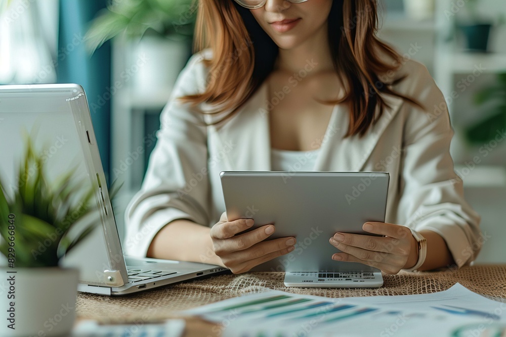 Woman working laptop tablet table Woman working laptop tablet table