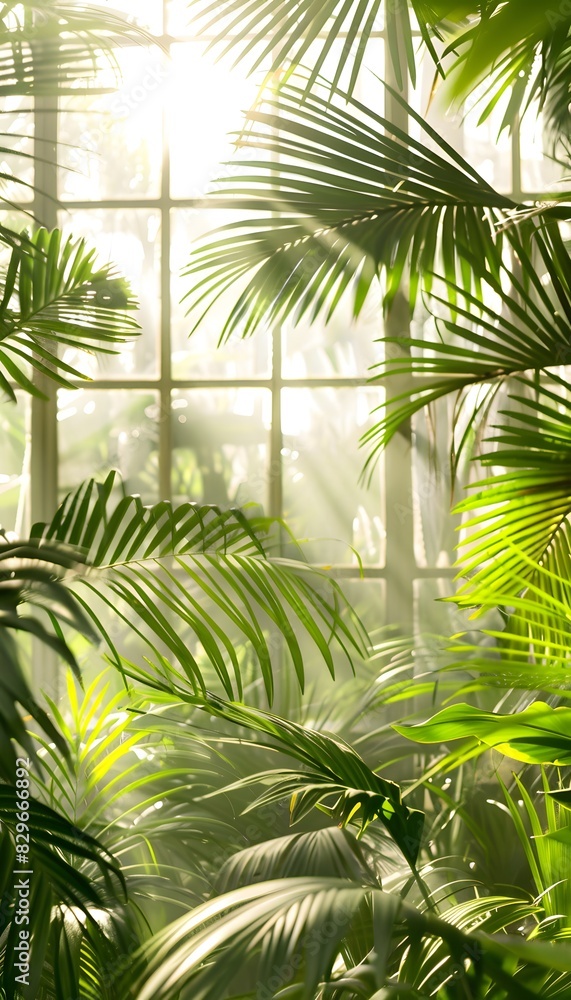 Fototapeta premium Sunlight shining through the glass window of the greenhouse